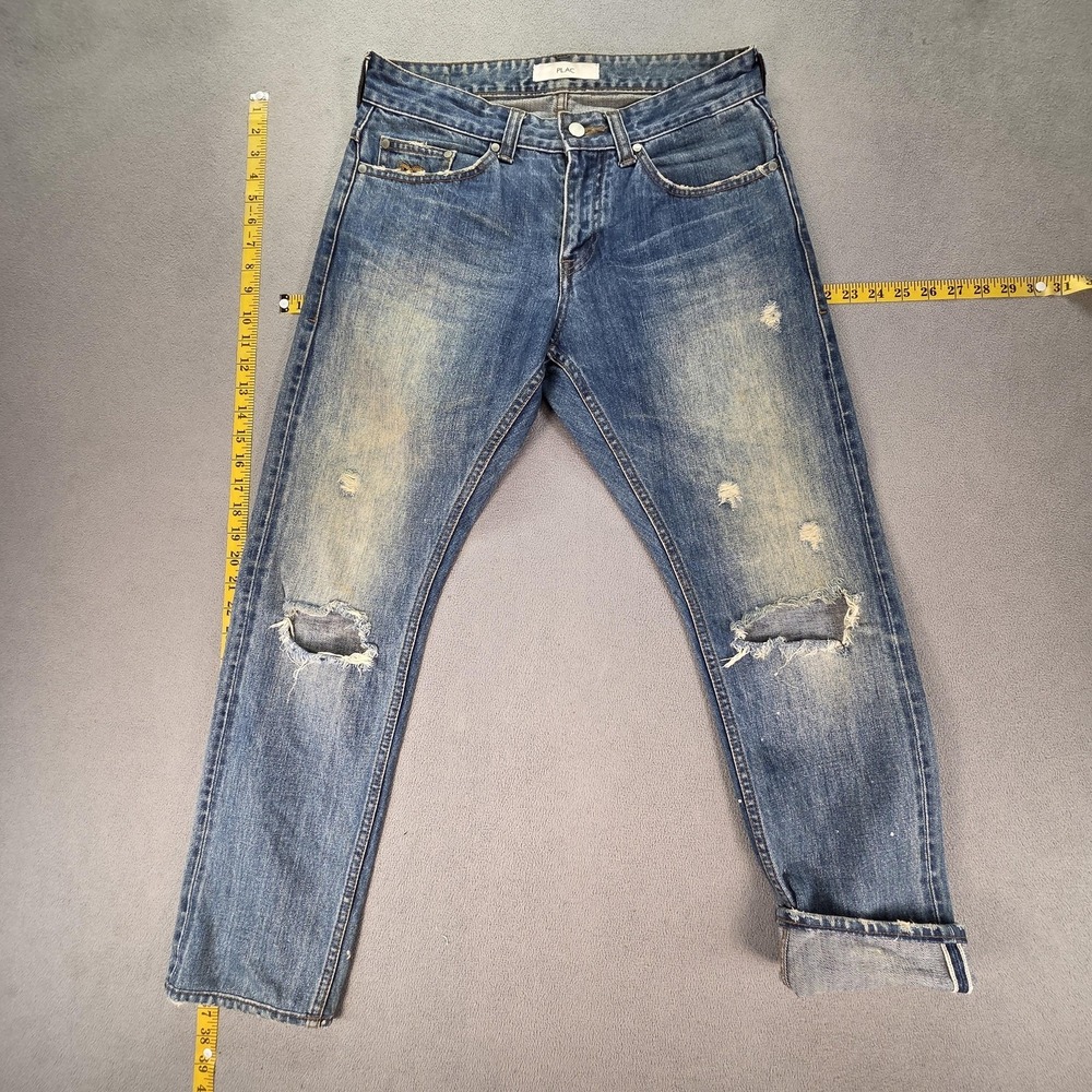 PLAC Jeans Mens Selvedge Blue Wash Slim Made Japan Thrashed Honeycomb Fits 31x28
